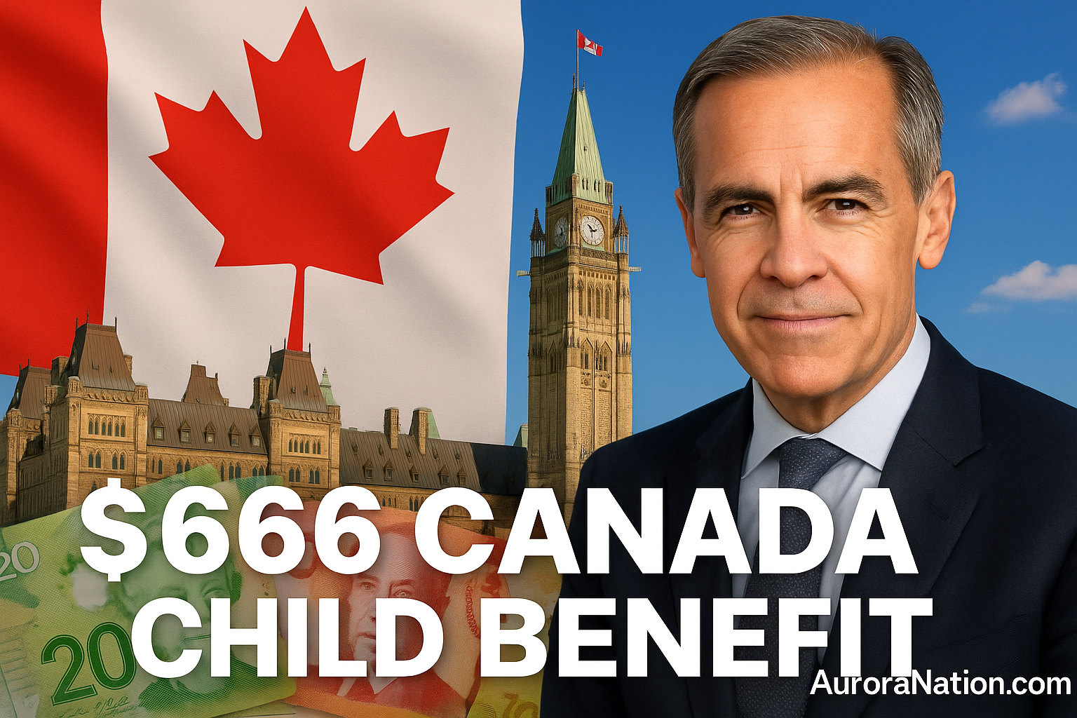 Google Discover thumbnail (1152×768) for this article — featuring: Bold title: $666 Canada Child Benefit dark letter Canadian flag and mark carney image CRA and dollar visuals AuroraNation.com branding at the bottom (clean and news-like)? create a best catchy image like never before Canadian has to click on that and use some famous buildings in canada in background